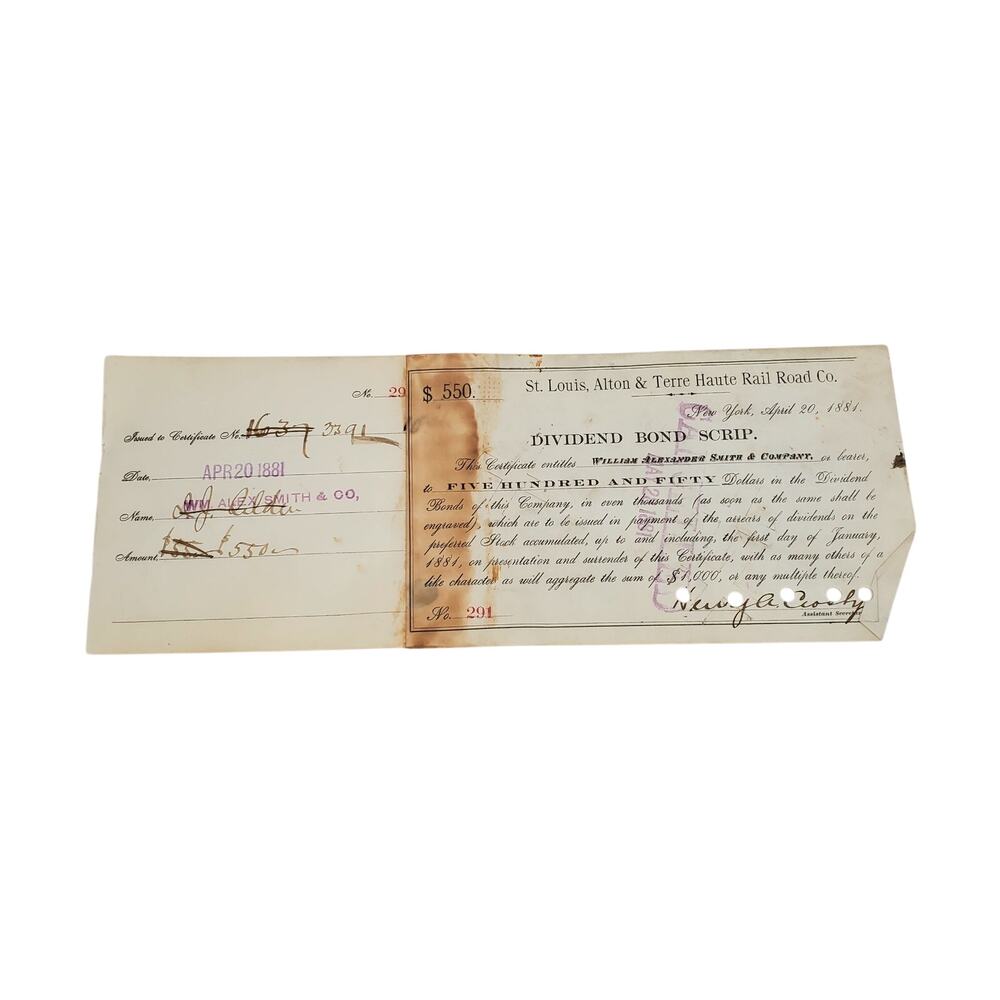 St. Louis, Alton and Terre Haute Rail Road Co NY $550 Bond Railroad Bonds 291